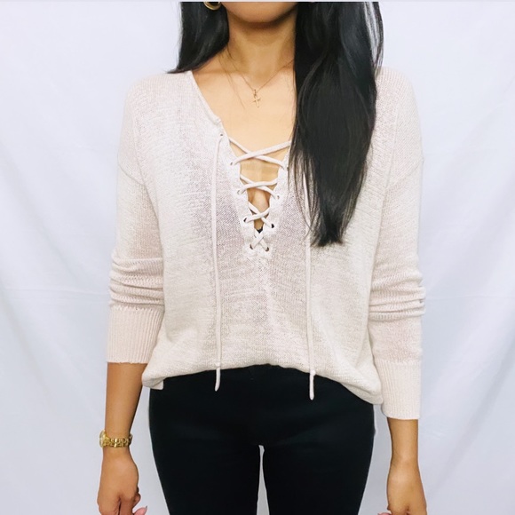 Loft | Beige Knit Long Sleeve Sweater V-Neck Lace Up Top - Picture 6 of 10